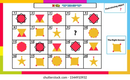 IQ test. Choose correct answer. Set of logical tasks composed of geometric shapes. Vector illustration. algorithm.