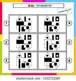 IQ test. Choose correct answer. Set of logical tasks composed of geometric shapes. Vector illustration. algorithm.