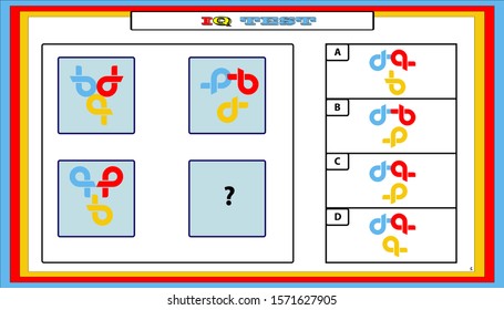 IQ test. Choose correct answer. Set of logical tasks composed of geometric shapes. Vector illustration. algorithm.