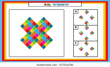 IQ test. Choose correct answer. Set of logical tasks composed of geometric shapes. Vector illustration. algorithm.