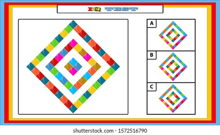 IQ test. Choose correct answer. Set of logical tasks composed of geometric shapes. Vector illustration. algorithm.