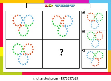 IQ test. Choose correct answer. Set of logical tasks composed of geometric shapes. Vector illustration. algorithm.