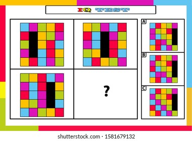 Prueba de CI. Elige la respuesta correcta. Conjunto de tareas lógicas compuestas de formas geométricas. Ilustración vectorial. algoritmo.
