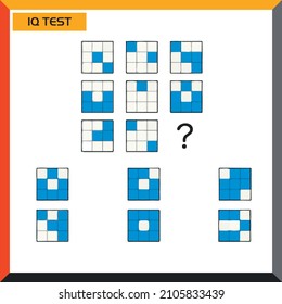 IQ test. Choose correct answer. Set of logical tasks composed of geometric shapes. Vector illustration