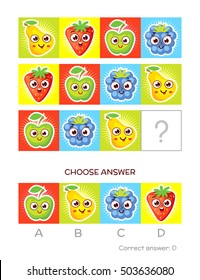 IQ test. Choose correct answer. Logical tasks made up of color fruits. Funny cartoon character. Vector illustration