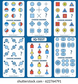 IQ test. Choose correct answer. Set of logical tasks composed of geometric shapes. Vector illustration