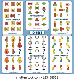 IQ test. Choose correct answer. Set of logical tasks composed of geometric shapes. Vector illustration 