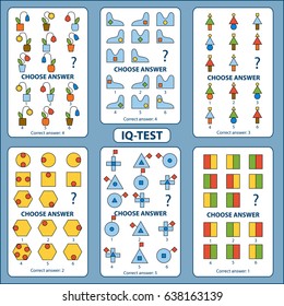 IQ test. Choose correct answer. Set of logical tasks composed of geometric shapes. Vector illustration 