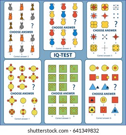 IQ test. Choose correct answer. Set of logical tasks composed of geometric shapes. Vector illustration 