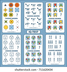 Prueba de CI. Elija la respuesta correcta. Conjunto de tareas lógicas compuestas por diferentes formas. Ilustración del vector 
