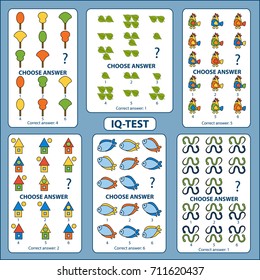 IQ test. Choose correct answer. Set of logical tasks composed of pictures of leaves, trees, fish, snakes, birds, houses. Vector illustration 