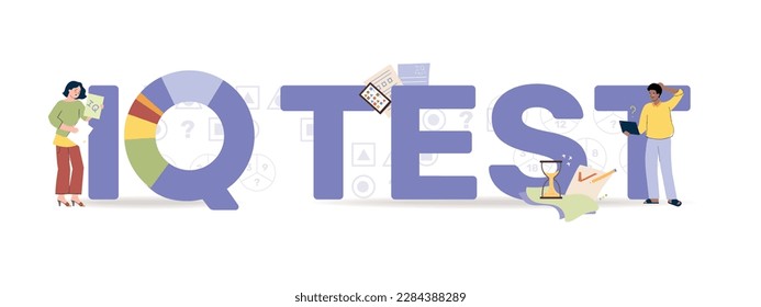 Iq test composition of flat text and colored radial chart surrounded by doodle style human characters vector illustration