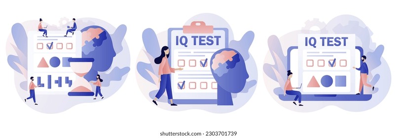 IQ test. Intelligence Quotient. Tiny people determine cognitive abilities. Modern flat cartoon style. Vector illustration on white background
