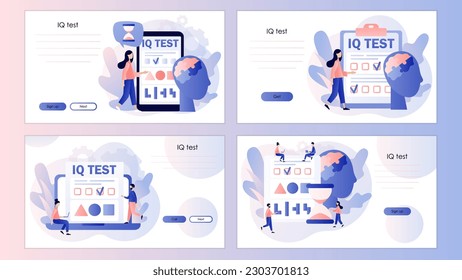 IQ test. Intelligence Quotient. Tiny people determine cognitive abilities. Screen template for landing page, template, ui, web, mobile app, poster, banner, flyer. Vector illustration