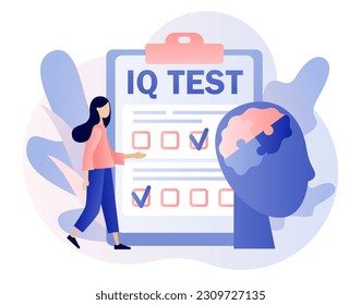 IQ test. Intelligence Quotient. Tiny woman determine cognitive abilities. Modern flat cartoon style. Vector illustration on white background