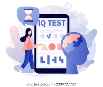 IQ test. Intelligence Quotient. Tiny woman determine cognitive abilities in smartphone app. Modern flat cartoon style. Vector illustration on white background