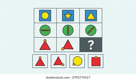 IQ test matrix puzzle with geometric shapes. Logical reasoning question for brain training, education, and psychological testing. Flat vector illustration on a grid background.