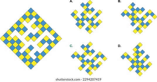 IQ test question with one main object where elements missing and four options on the right side.