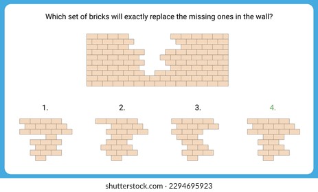 IQ test question with one main object a wall from where bricks are missing and four sets of building bricks at the bottom as given options. Option 4 is the correct answer.