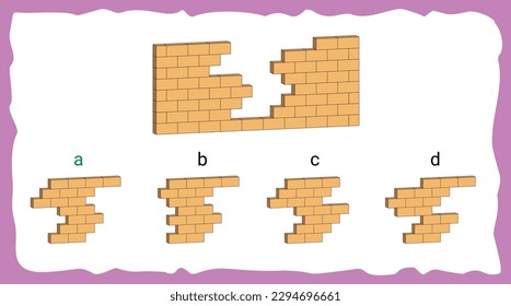 IQ test question with one main object a wall from where bricks are missing and four sets of building bricks at the bottom as given options. First option is the correct answer.