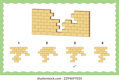 IQ test question with one main object a 3D wall with missing bricks and four sets of building bricks at the bottom as given options. Third option is the correct answer.