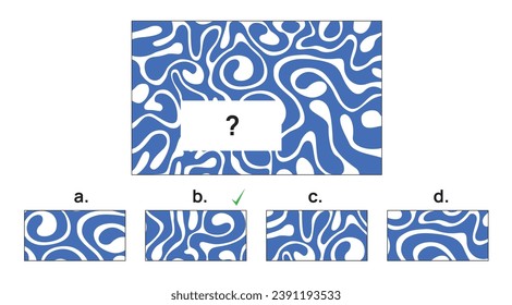 IQ test question with one main ornament shape graphic from which a part is missing and four given options. The b. option is the correct answer.