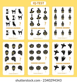 IQ test. Set of logical tasks on the theme of Halloween. Vector illustration