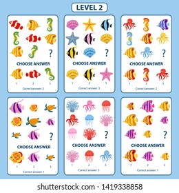 IQ test. Set of tasks for the development of logical thinking of children. Set of logical tasks on the sea animals and fish theme.  Difficulty level 2. Vector illustration