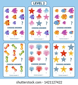 IQ test. Set of tasks for the development of logical thinking of children. Set of logical tasks on the sea animals and fish theme.  Difficulty level 2. Vector illustration