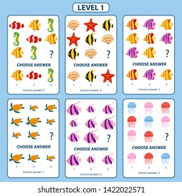 IQ test. Set of tasks for the development of logical thinking of children. Set of logical tasks on the sea animals and fish theme.  Difficulty level 1. Vector illustration