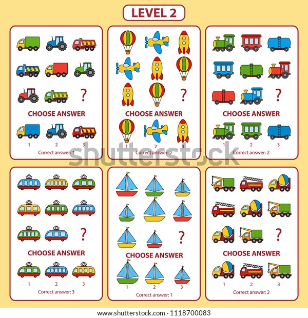 IQ test. Set of tasks for the\
development of logical thinking of children. Level 2. Set of\
logical tasks on the theme of transport. Vector\
illustration