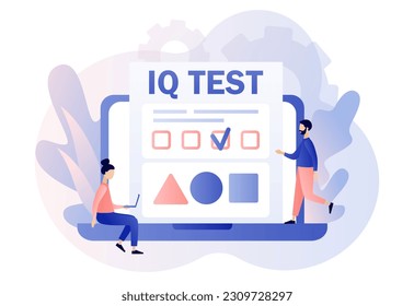 IQ test. Tiny people determine cognitive abilities online.Intelligence Quotient.  Modern flat cartoon style. Vector illustration on white background