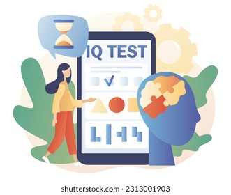 IQ test. Tiny woman determine cognitive abilities in smartphone app. Intelligence Quotient. Modern flat cartoon style. Vector illustration on white background