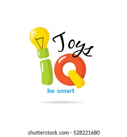 IQ toys creative logo with light bulb. Kids educational shop logotype. Children early development studio logo.