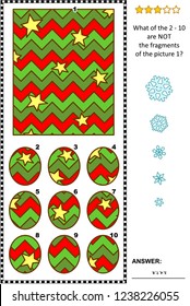 IQ training abstract visual puzzle, winter holidays, Christmas or New Year themed: What of the 2 - 10 are not the fragments of the picture 1? Answer included.