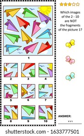 IQ training abstract visual puzzle with colorful paper planes: What of the 2 - 10 are not the fragments of the picture 1? Answer included.