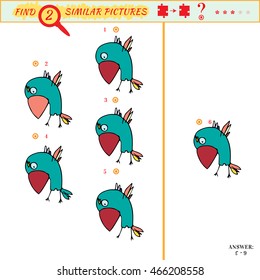 IQ training abstract visual puzzle. Find two identical a parrot