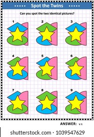 IQ training educational math puzzle for kids and adults with basic shapes - oval, star, semicircle, rhombus, or diamond - overlays and colors: Can you spot the two identical pictures? Answer included.