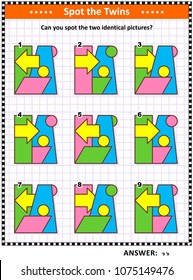 IQ training educational math puzzle for kids and adults with basic shapes -  parallelogram, rectangle, circles, arrow, trapezoid - overlays and colors: Can you spot the two identical pictures? 