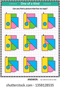 IQ training educational math puzzle for kids and adults with basic shapes - triangle, rectangle, circle, square - overlays and colors: Can you find the picture that has no copy? Answer included.