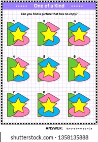 IQ training educational math puzzle for kids and adults with basic shapes -  oval, star, semicircle, rhombus, or diamond - overlays and colors: Can you find the picture that has no copy? 