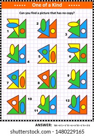 IQ training educational math puzzle for kids and adults with basic shapes -  oval, circle, triangles - overlays and colors: Can you find the picture that has no copy? Answer included.