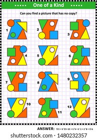 IQ training educational math puzzle for kids and adults with basic shapes -  trapezoid, square, circles, triangle - overlays and colors: Can you find the picture that has no copy? Answer included.