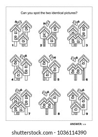 IQ training find the two identical pictures with spring birdhouses visual puzzle and coloring page. Answer included.