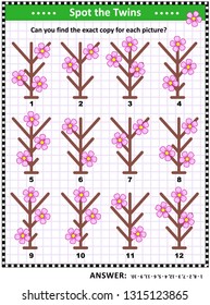 IQ training find the two identical pictures with first spring flowers visual puzzle and coloring page. Answer included.