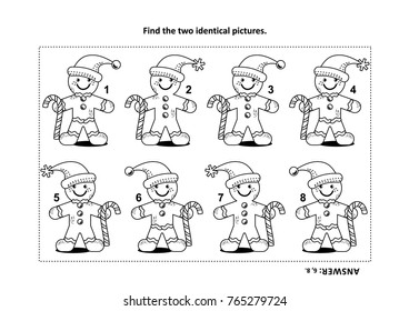 IQ training find the two identical pictures with ginger man visual puzzle and coloring page. Answer included.
