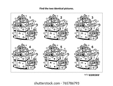 IQ training find the two identical pictures with presents and teddy bear visual puzzle and coloring page. Answer included.