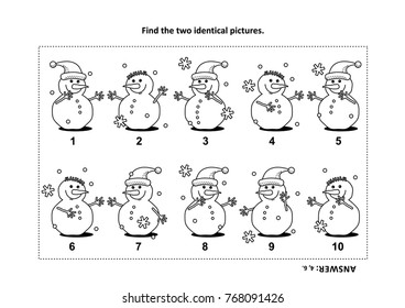 IQ training find the two identical pictures with snowman visual puzzle and coloring page. Answer included.