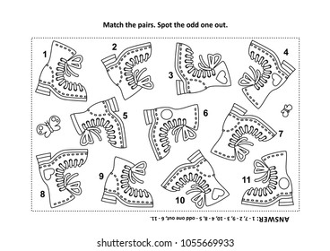 IQ Training Visual Logic Puzzle And Coloring Page With Old Style Boots. Match The Pairs. Match The Pairs. Spot The Odd One Out. Answer Included.