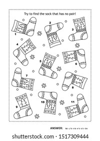 IQ training visual logic puzzle and coloring page with Santa's (or somebody's else) socks. Match the pairs. Spot the odd one out. Answer included.